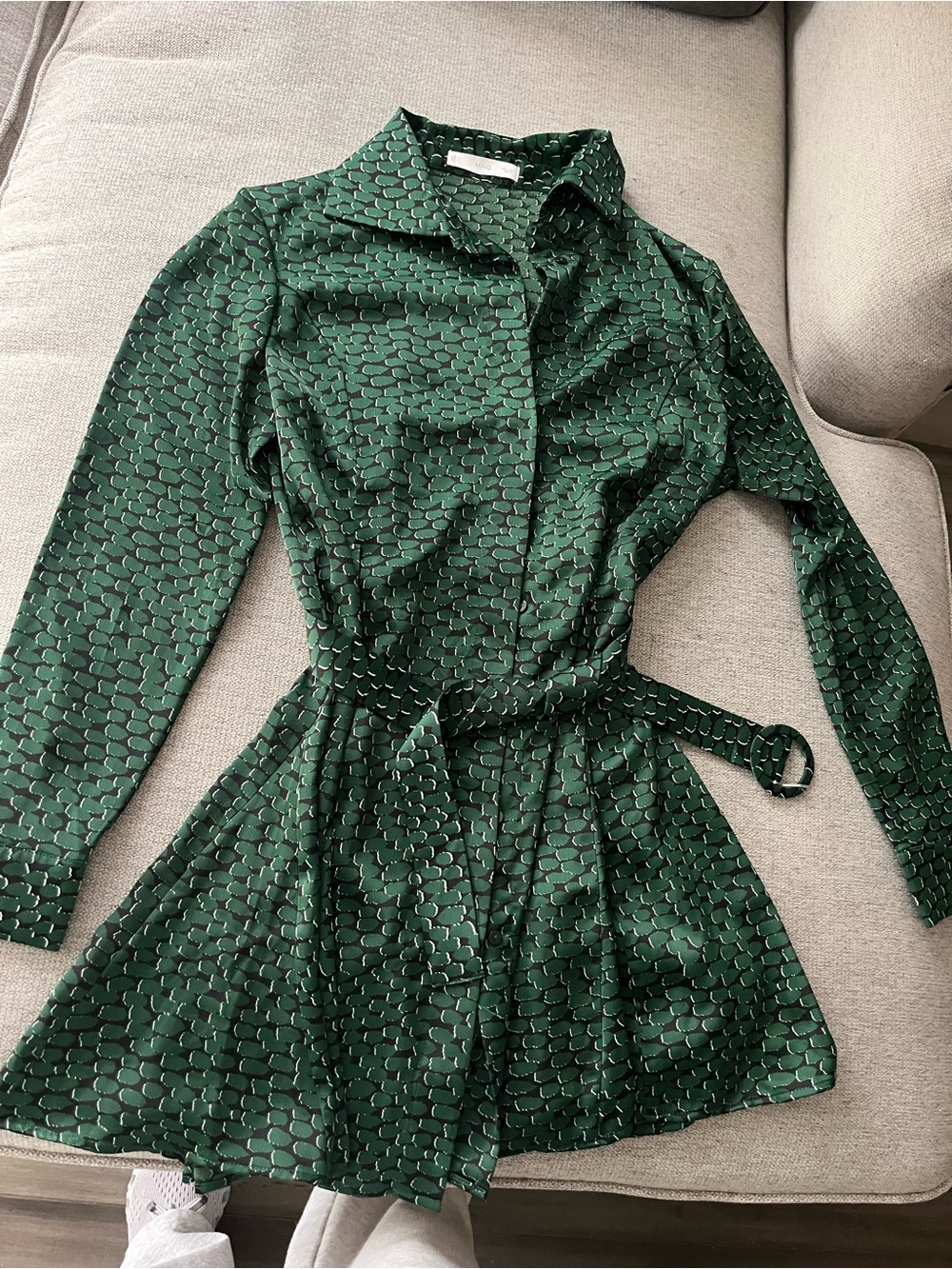 Mango Dark Green Patterned Long Sleeve Shirt Dress with Tie Belt